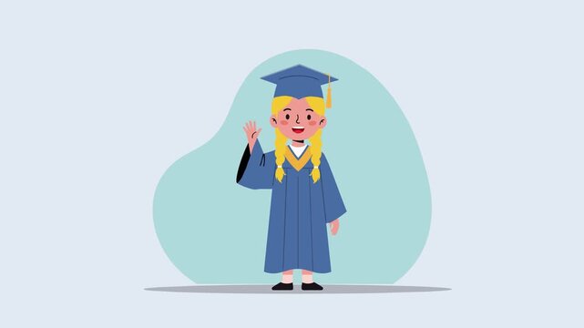 Animated female graduate character with fair skin and long blond hair, dressed in a navy blue gown and cap with yellow tassel. She smiles and waves against a soft blue background. Flat vector cartoon,