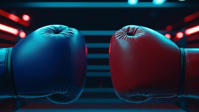 Two boxing gloves, one blue and one red, are shown in a boxing ring. The gloves are in the middle of a match, with the red glove on the left and the blue glove on the right