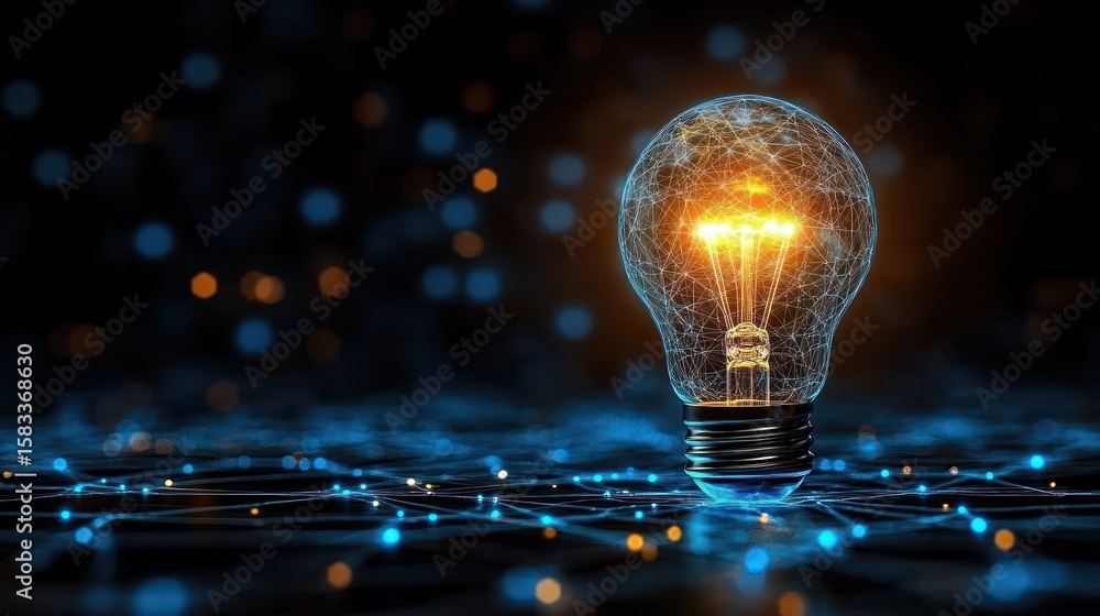 Poster glowing bulb with network; data streams into its core