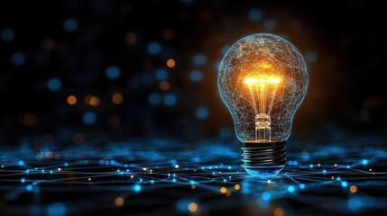 Glowing bulb with network; data streams into its core