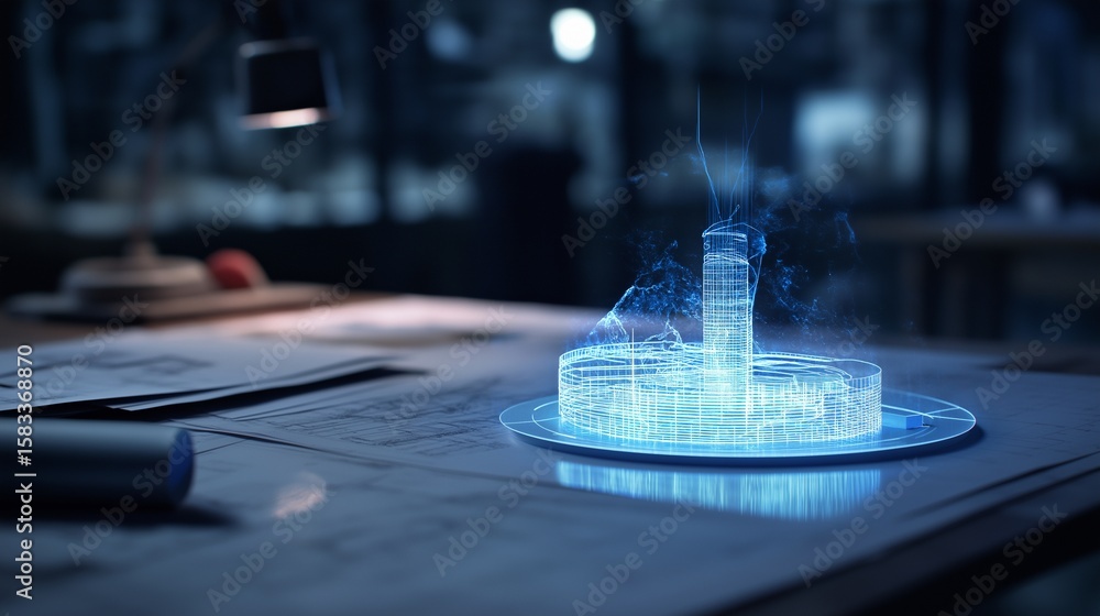 Fototapete holographic shapes on blueprints. established blueprints for city and tower construction. meticulous