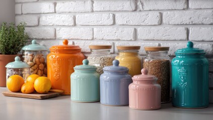 Colorful kitchen canisters on a countertop, against a white brick wall
