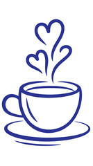 Blue coffee cup with steam forming hearts saucer