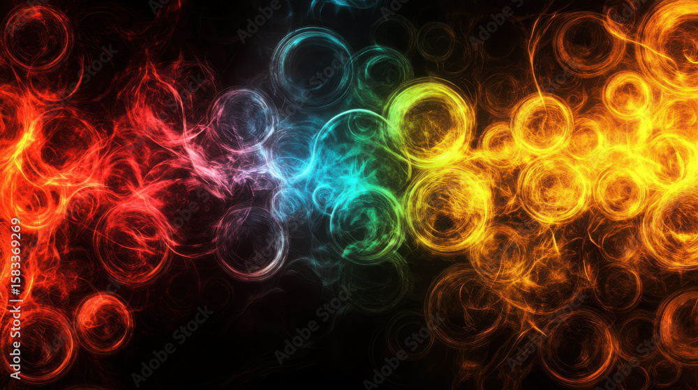 Poster abstract colorful circles on black background. dynamic glowing lines and light trails forming futuri