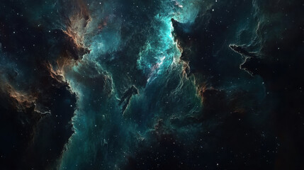 Obraz premium Deep space nebula with brilliant star field. Cosmic dust and gas clouds in vibrant teal and orange tones. Galaxy exploration science concept.