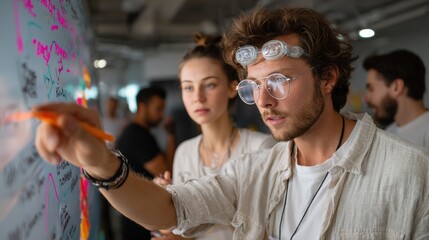 Collaborative brainstorming session office space teamwork modern environment engaged viewpoint innovation concepts