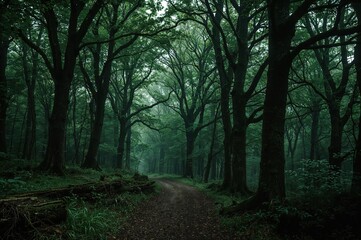 Obraz premium Mysterious deep green forest with twisted tree trunks, dense ferns, and soft mist, perfect for fantasy landscapes and adventure design projects