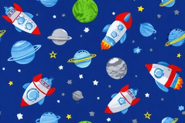 Colorful Rockets and Planets Seamless Pattern Design for Kids Fabric Space Theme