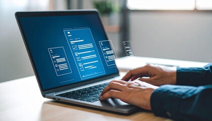 Business professional works on a laptop, creating a resume and cover letter for job applications with online tools.