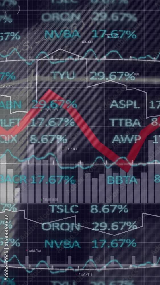 Poster digital interface showing fluctuating red line graph of stock market data