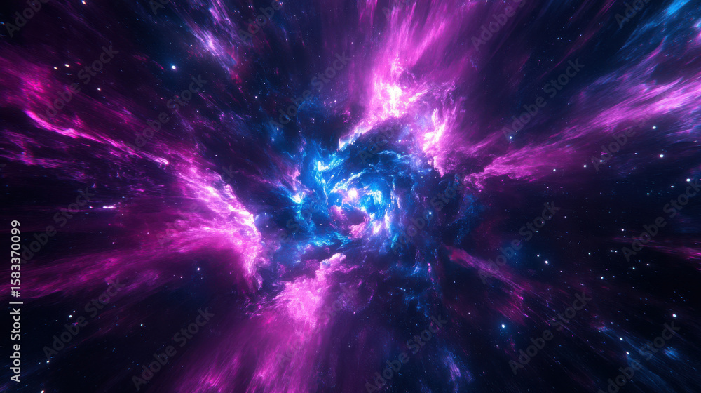 Poster cosmic nebula with vibrant pink and blue gas floating in deep space. abstract galaxy for science and