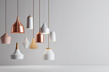 Multiple pendant lights, various shapes and colors, against a minimalist white wall