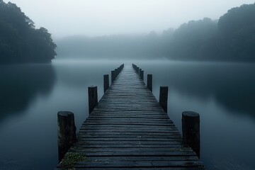 Fototapeta premium Misty wooden pier on tranquil lake