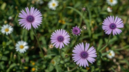 Obraz premium Blue wildflowers blooming in the garden bed during summer.