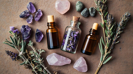 Top-down view of a holistic wellness scene with essential oil bottles, sage bundle, amethyst and rose quartz crystals, and dried lavender. Calm earthy tones, soft shadows, and a relaxing aesthetic. 
