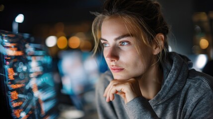 Analyzing data trends office environment digital workspace evening introspective mood