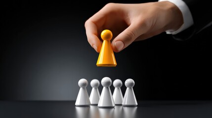 A hand selecting a yellow pawn among white pawns, symbolizing leadership and decision-making in a business context.