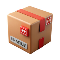 3D Render of a Fragile Cardboard Box with Red Tape and Labels for Shipping and...