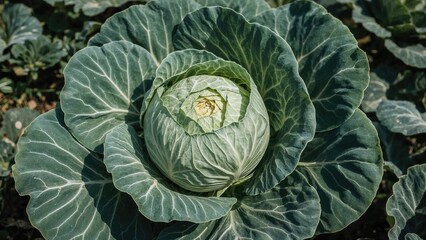 Fototapeta premium Large green cabbage head surrounded by lush green leaves in a farm setting under natural sunlight. Garden agriculture close-up shot.