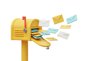 Isolated Overflowing Yellow Mailbox with Letters