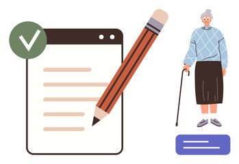 Elderly woman with cane, checklist, large pencil, completion checkmark. Ideal for themes thumbs up elderly care, planning, health, assistance organization independence accessibility. A simple flat