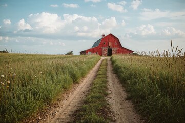 Rural scene with weathered barn, gravel road, and endless countryside horizon in soft evening glow


