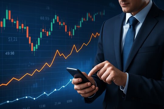 Business professional in blue suit checking phone with orange zigzag and teal candlestick charts on a digital background.