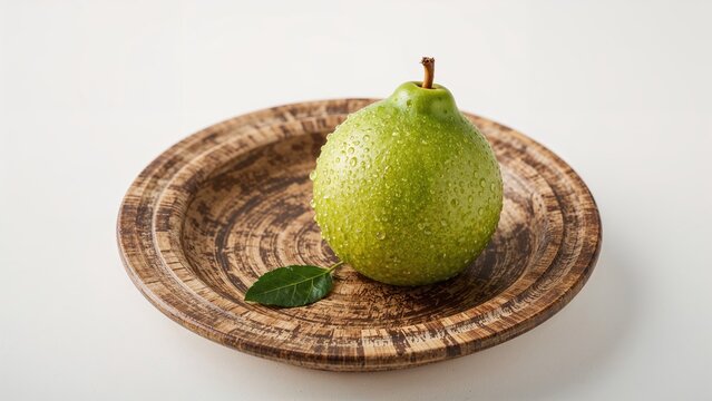Sweet guava fruit displayed on a rustic wooden tray with a white background
