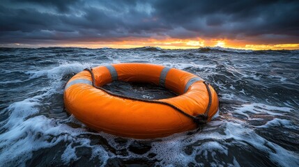 Fototapeta premium Orange life preserver adrift in stormy seas