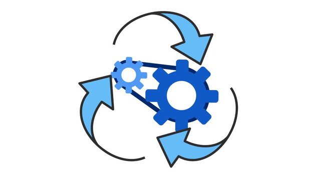 Recycling gears process logo in cartoon animation. Sustainable technology workflow icon. Business efficiency loop symbol. Green industry refresh system and optimization sign. Alpha channel.
