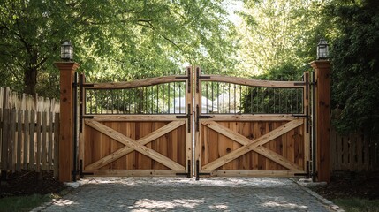 Elegant wooden gates with metal accents framed by lush greenery, creating a welcoming entrance to a serene environment.