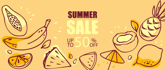 Summer sale. Summer background with tropical fruits. Hello summer. Summer season. Vector illustration.