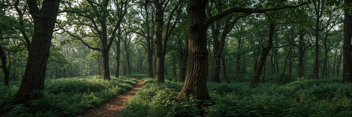 Mysterious forest scene with shaded trail, rich foliage, and natural beauty captured in soft morning light

