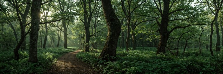 Fototapeta premium Tranquil woodland walking path surrounded by mature trees and thick green undergrowth in nature reserve