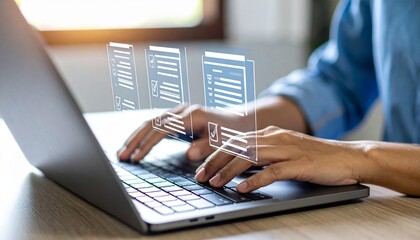 Person completes online form or checklist on laptop, showcasing digital data entry and document management for business or personal use.