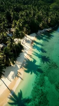Tropical Palm Beach with Huts and Crystal Clear Ocean from Above