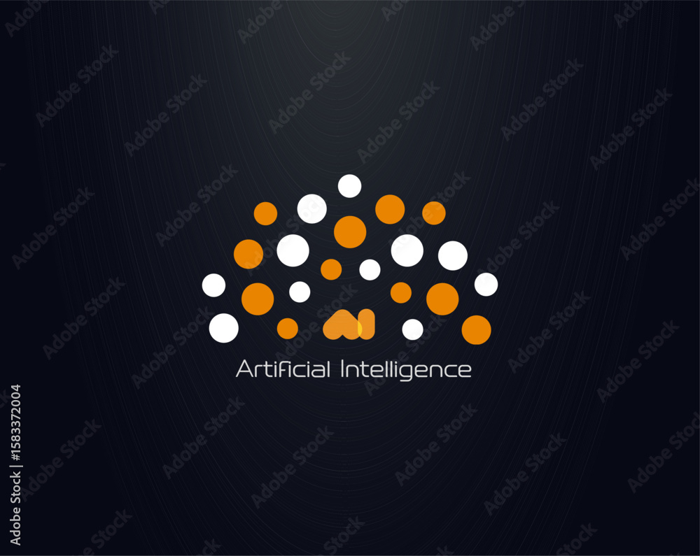 Poster artificial intelligence logo with orange and white neural network dots forming abstract brain shape 
