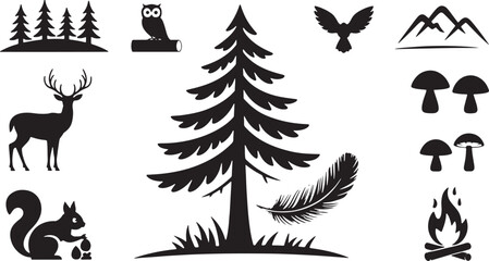 Forest creatures and elements silhouette collection trees deer