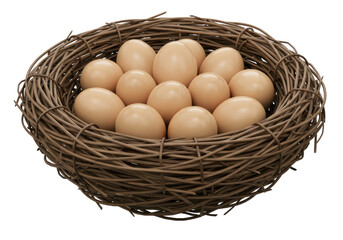 Isolated Nest Filled with Natural Brown Chicken Eggs