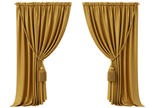 Isolated Luxurious Golden Curtains with Tassels Elegance