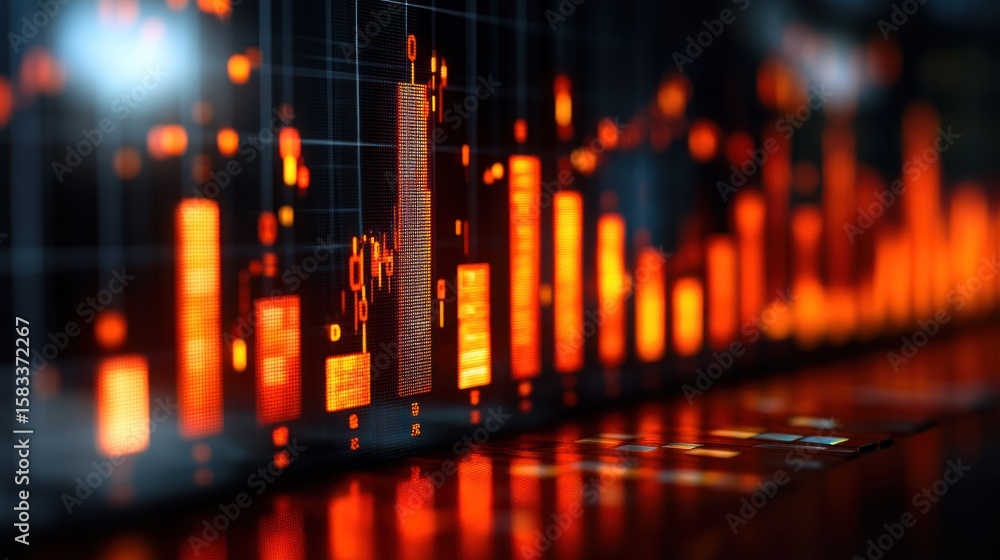 Poster glowing red data chart with grid and blurred background