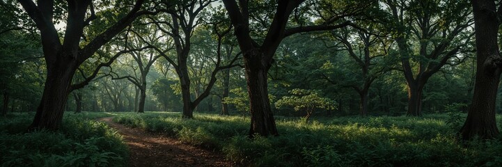 Naklejka premium Untamed forest landscape with winding path and immersive tree coverage, ideal for nature exploration and hiking
