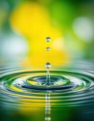 A serene image of water droplets creating ripples in a calm pool, showcasing nature's delicate beauty and tranquility.