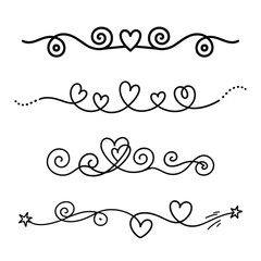 Filigree curly Calligraphic Heart, Fancy Line Flourishes Swirls hearts, curve romantic love separator, Valentines Day divider flourish Swirl, Calligraphy Flourish lettering header hearts scroll