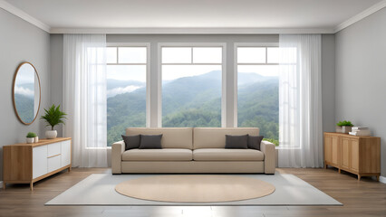 Fototapeta premium Hyperrealistic Interior A Modern Living Room with Scenic Mountain Views, Cozy Furniture and Natural Light, evoking a serene and sophisticated ambiance.