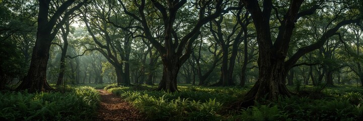 Peaceful forest landscape with narrow dirt path winding through tall trees and lush green foliage in natural woodland

