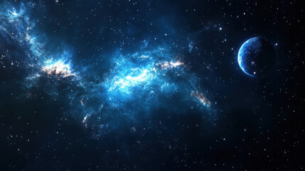 Obraz premium Blue nebula and a distant planet in deep space. Cosmic sky background with shining stars for astronomical and science fiction concepts.