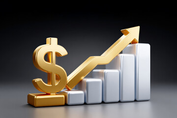 A striking gold dollar symbol with ascending bars, representing financial growth and investment success.