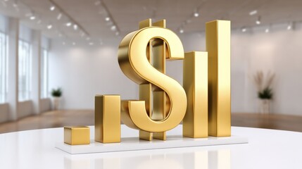 A striking golden dollar sign beside ascending bars, representing financial growth and investment in a modern office.
