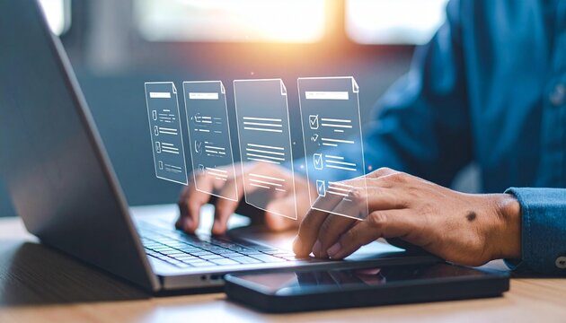 Man uses laptop for online document management, showing form processing and paperwork automation for efficient business.